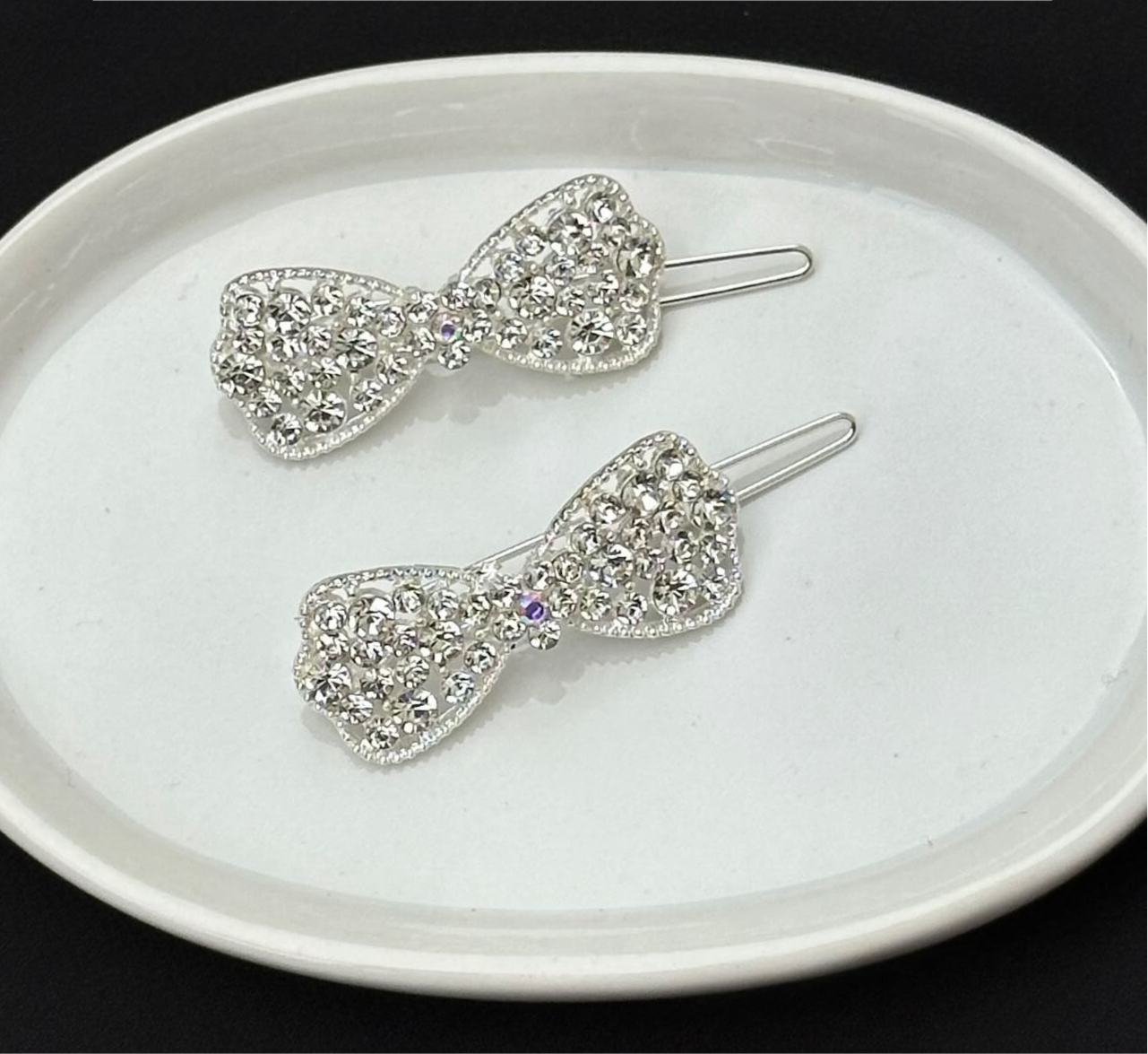Small Metallic Rhinestone Bow Lock Pins Pair