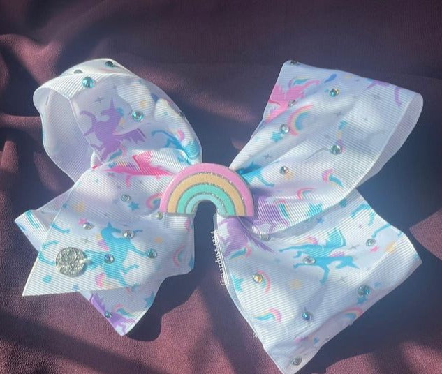 Jojo Siwa White Unicorn 🦄 Printed Bow with Acrylic Rainbow 🌈 Topper🔥