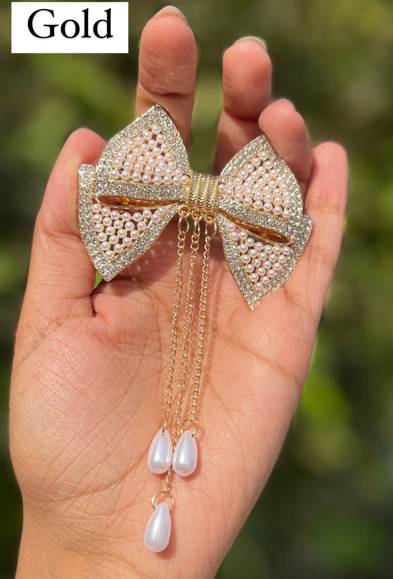 Pearl and Rhinestone Studded Hanging Tassel Metallic Hairbows