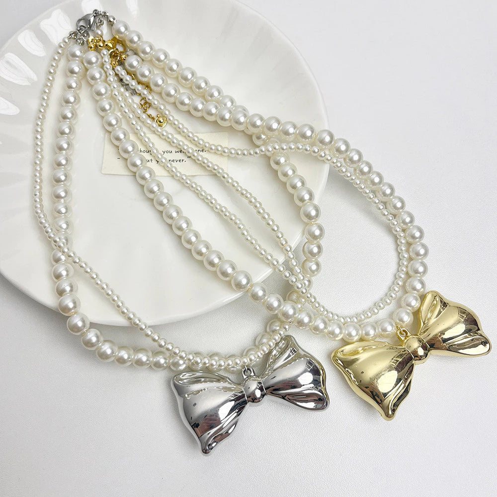 Double Layer Pearl Necklace with Bow Charm🔥