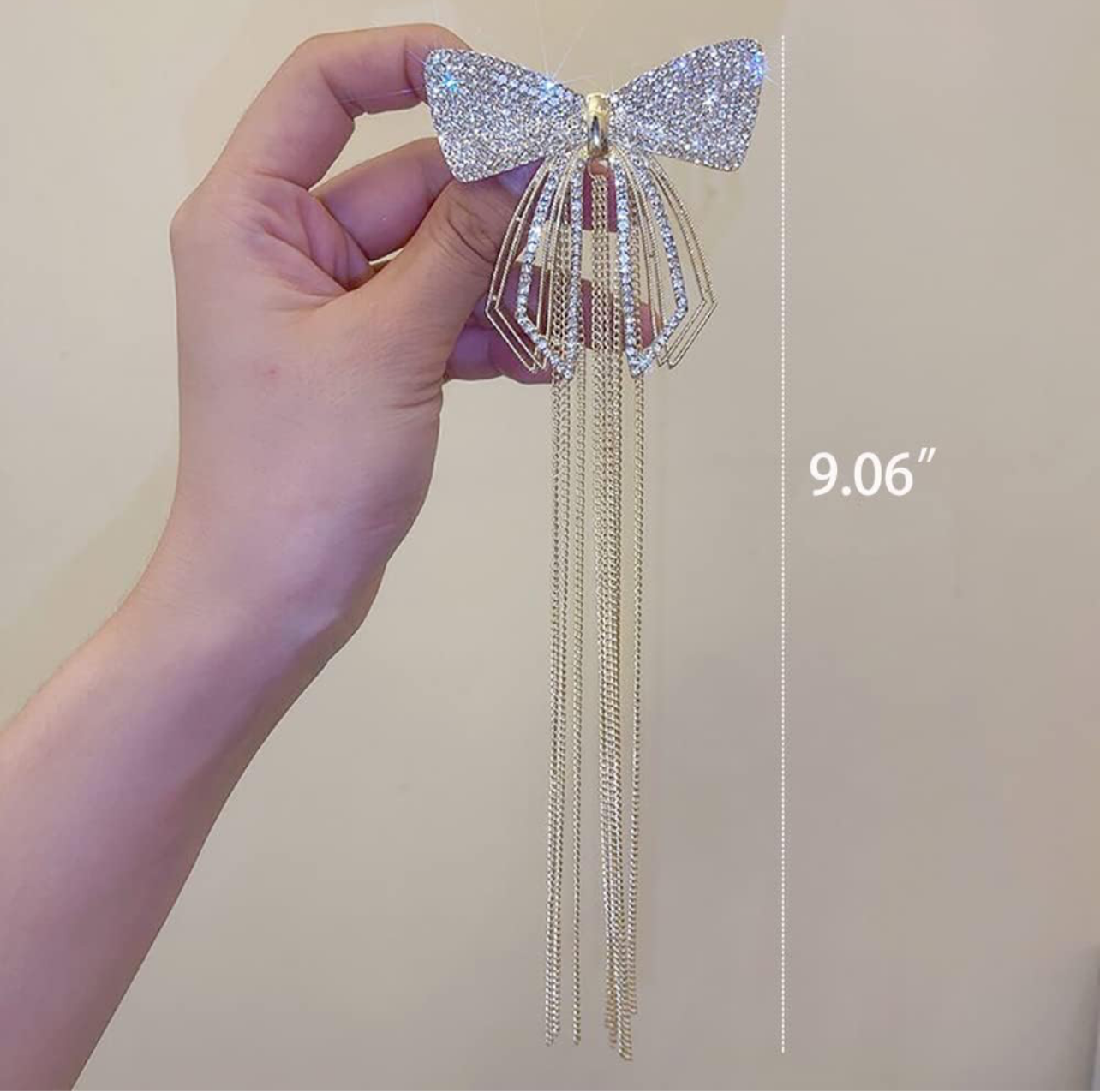 Rhinestone formal bow metallic clip with tassel hangings