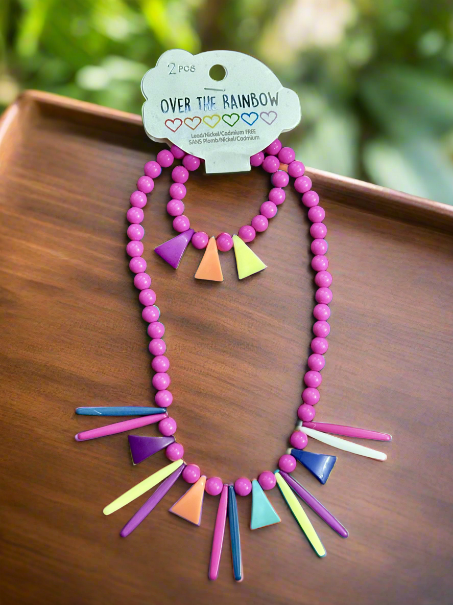Fuchsia Triangle Beaded Necklace and Bracelets Duo🔥