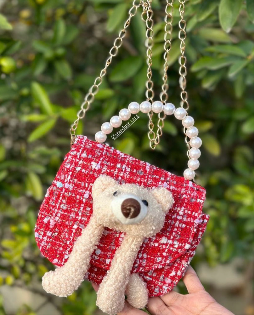 Red Teddy Handbag with Pearl Handle