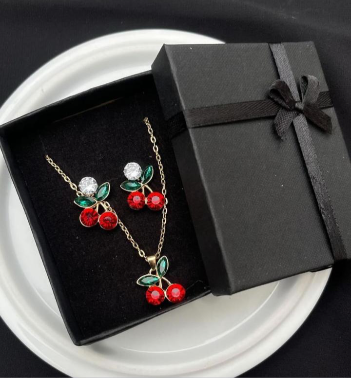 Red Ruby Cherry And Emerald Green Necklace & Studs set