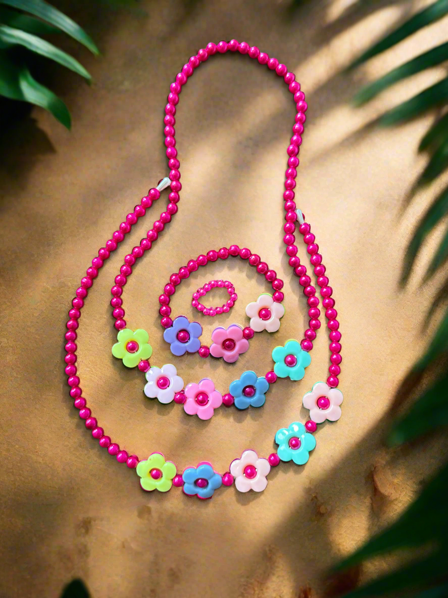 Acrylic Fuchsia Flower Beaded Complete Jewellery Set