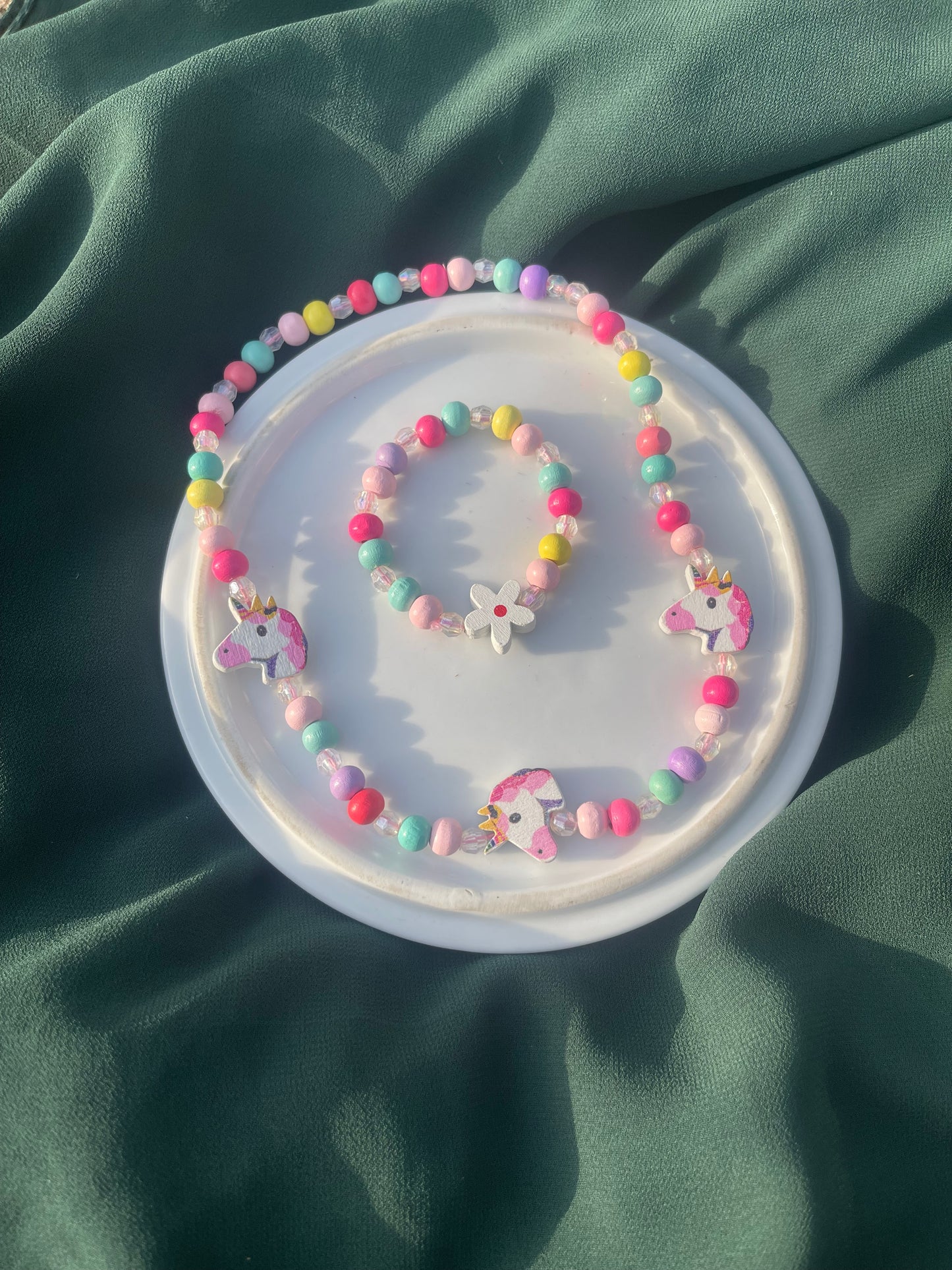 Wooden beaded unincorn necklace&bracelet set