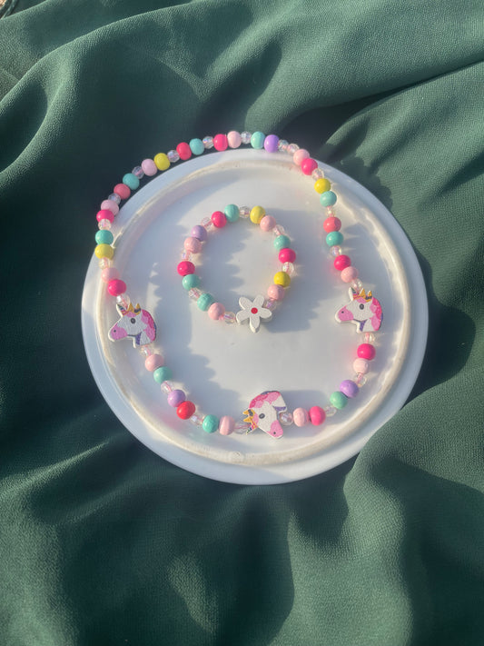 Wooden beaded unincorn necklace&bracelet set