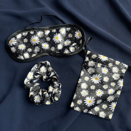 Favour pack daisy printed silk eyemask+ scrunchie+pouch