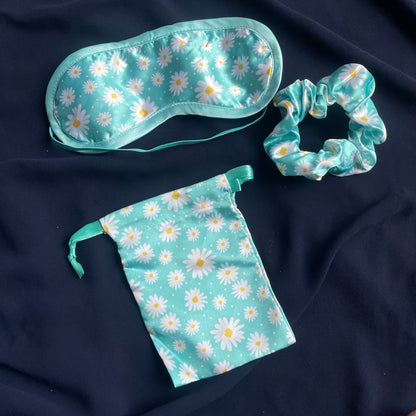 Favour pack daisy printed silk eyemask+ scrunchie+pouch