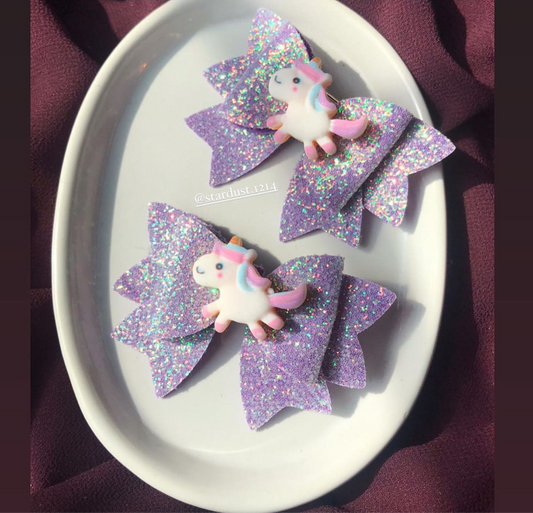 Double Layer Lilac Glittered Bows Pair with Unicorn🦄Topper