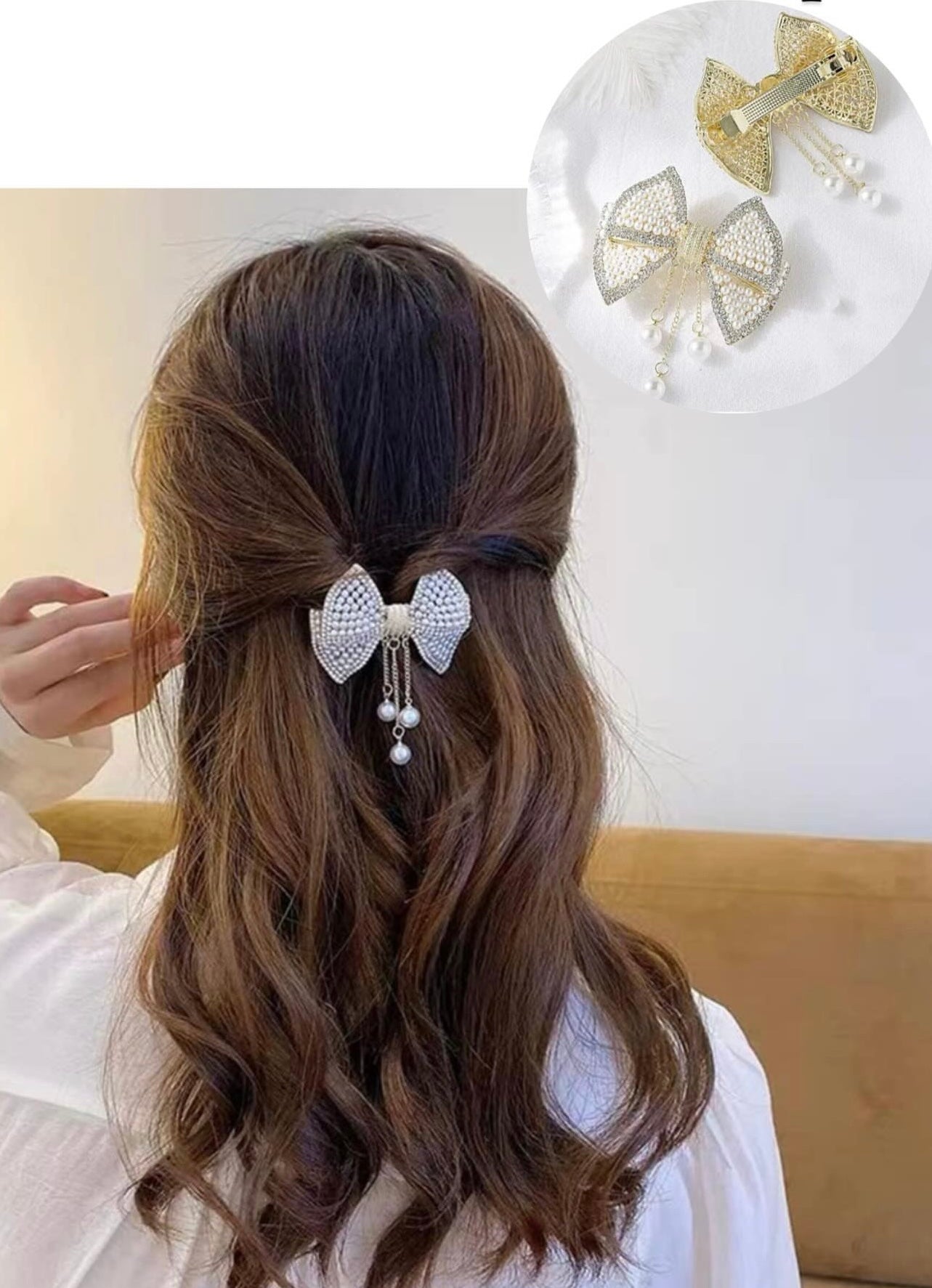 Pearl and Rhinestone Studded Hanging Tassel Metallic Hairbows