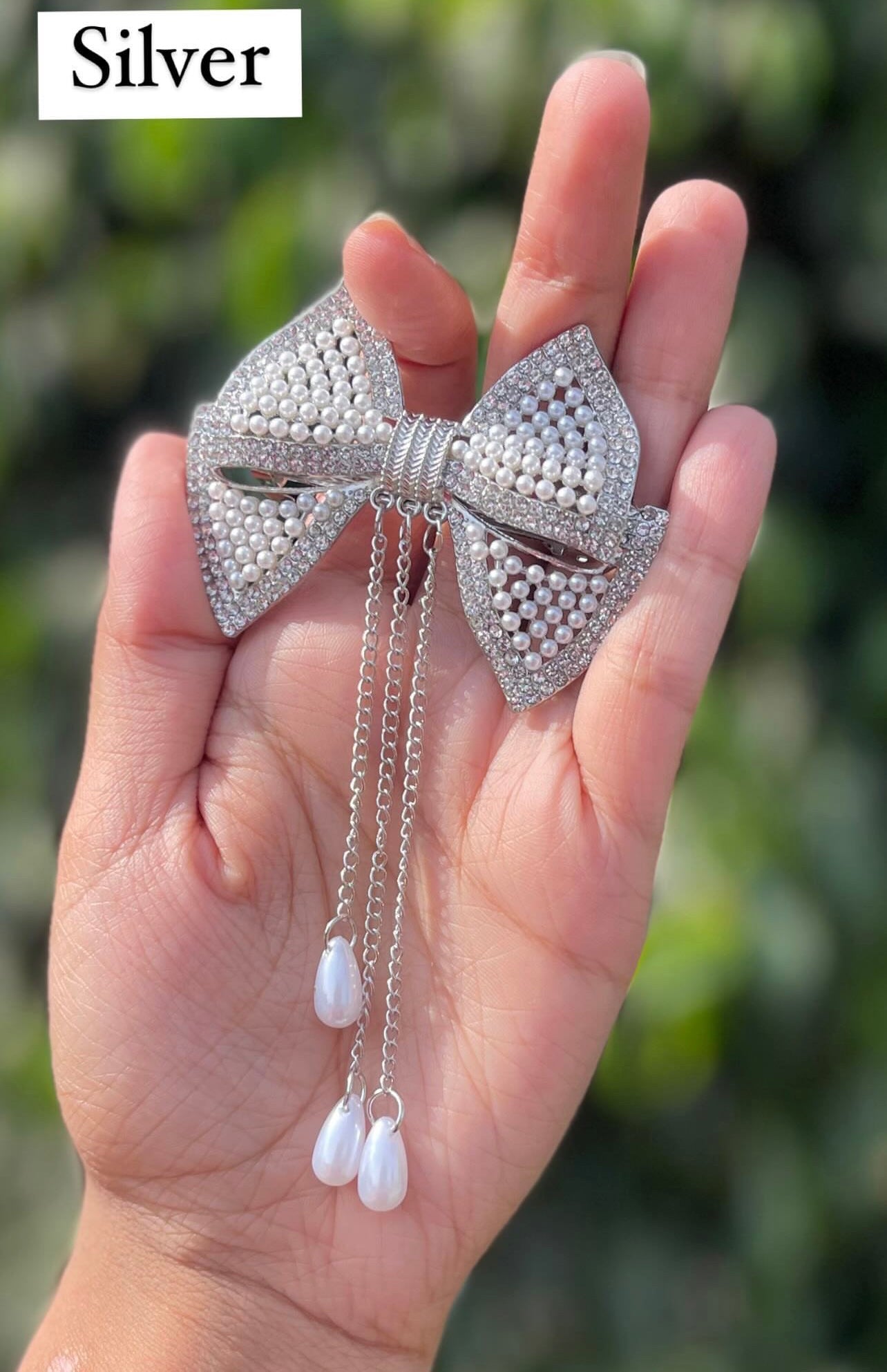 Pearl and Rhinestone Studded Hanging Tassel Metallic Hairbows