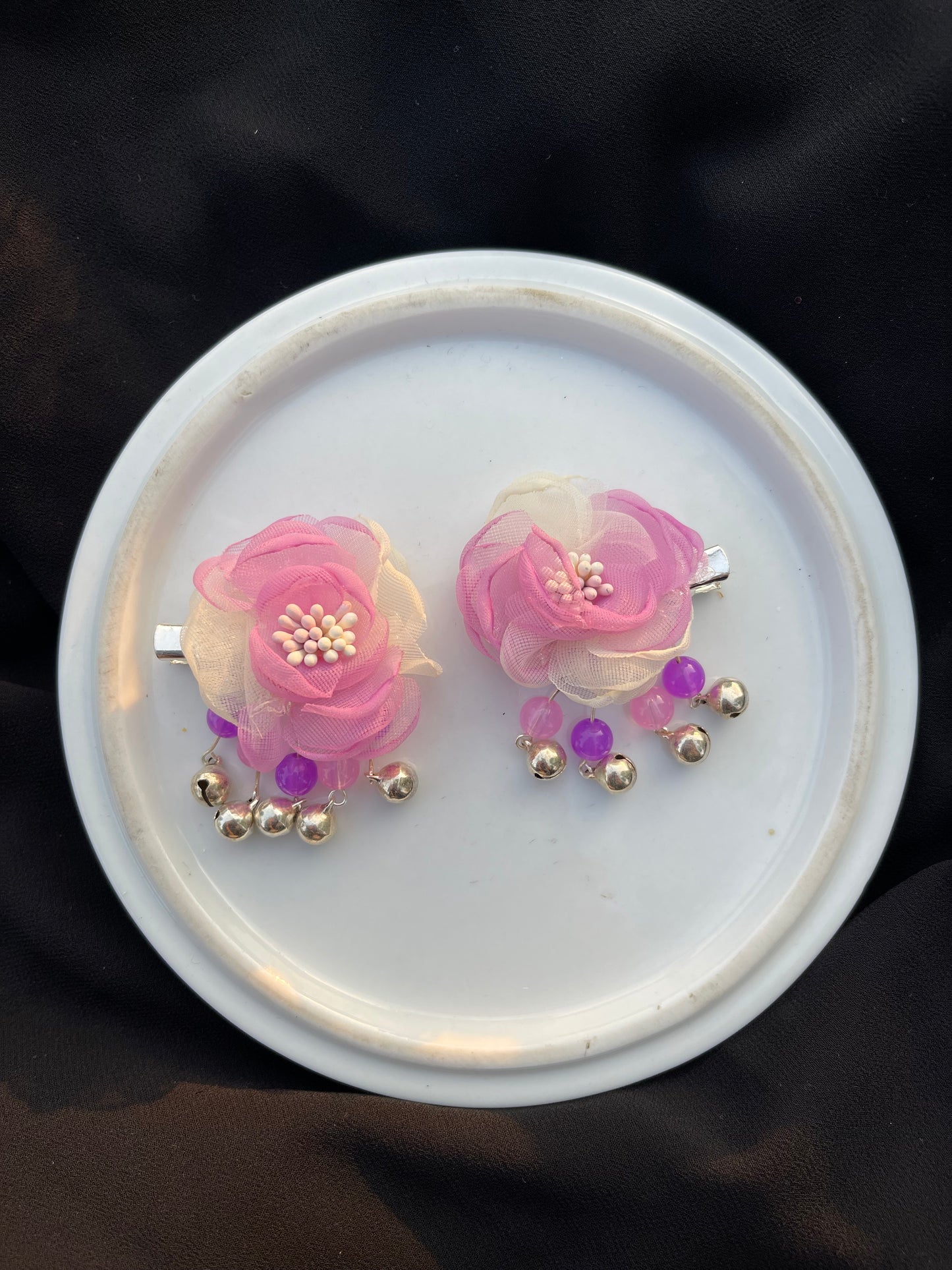 Organza Flower hairclips pair with bell hangings