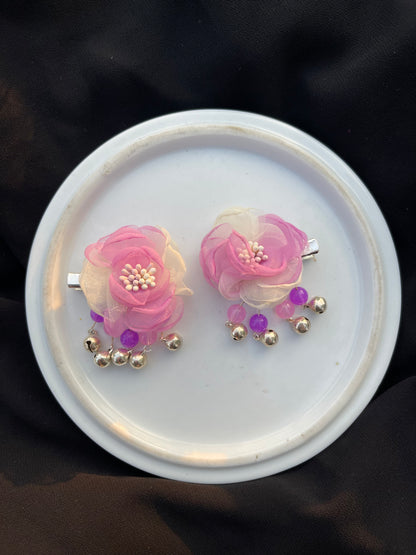 Organza Flower hairclips pair with bell hangings