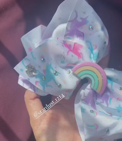 Jojo Siwa White Unicorn 🦄 Printed Bow with Acrylic Rainbow 🌈 Topper🔥